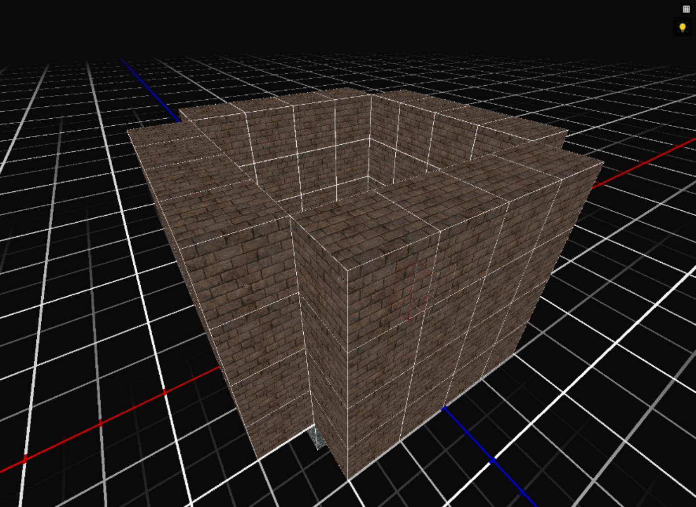 A test room in the August 2026 Hammerite editor, made of four separate wall blocks standing around a floor