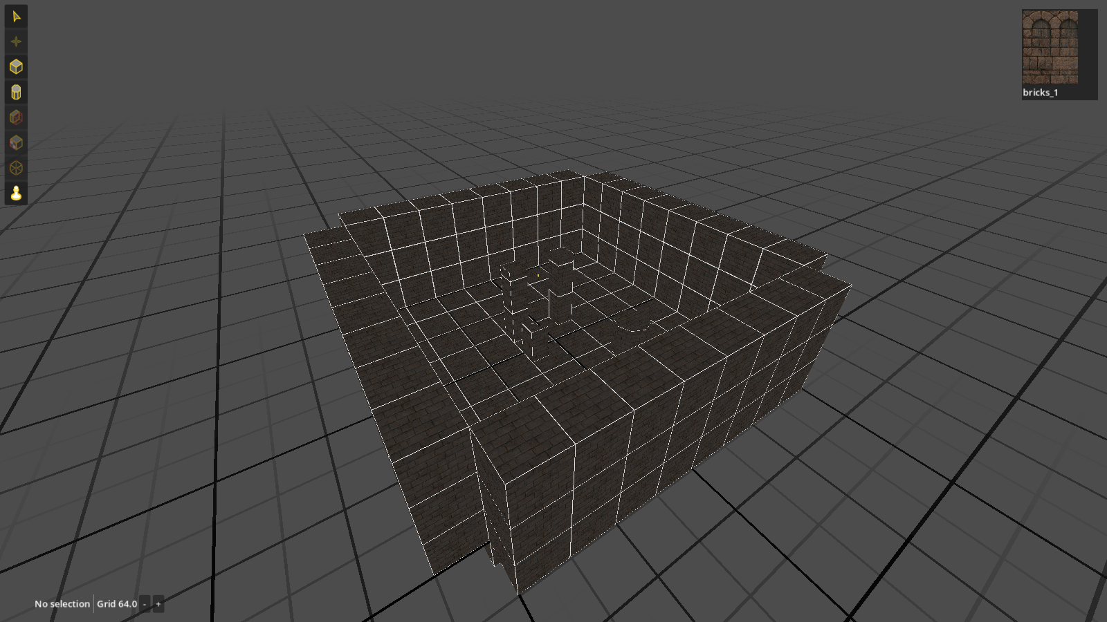 The January 2025 Hammerite editor: a test room whose walls are stacked up from solid blocks, on a grid, with the early toolbar down the left