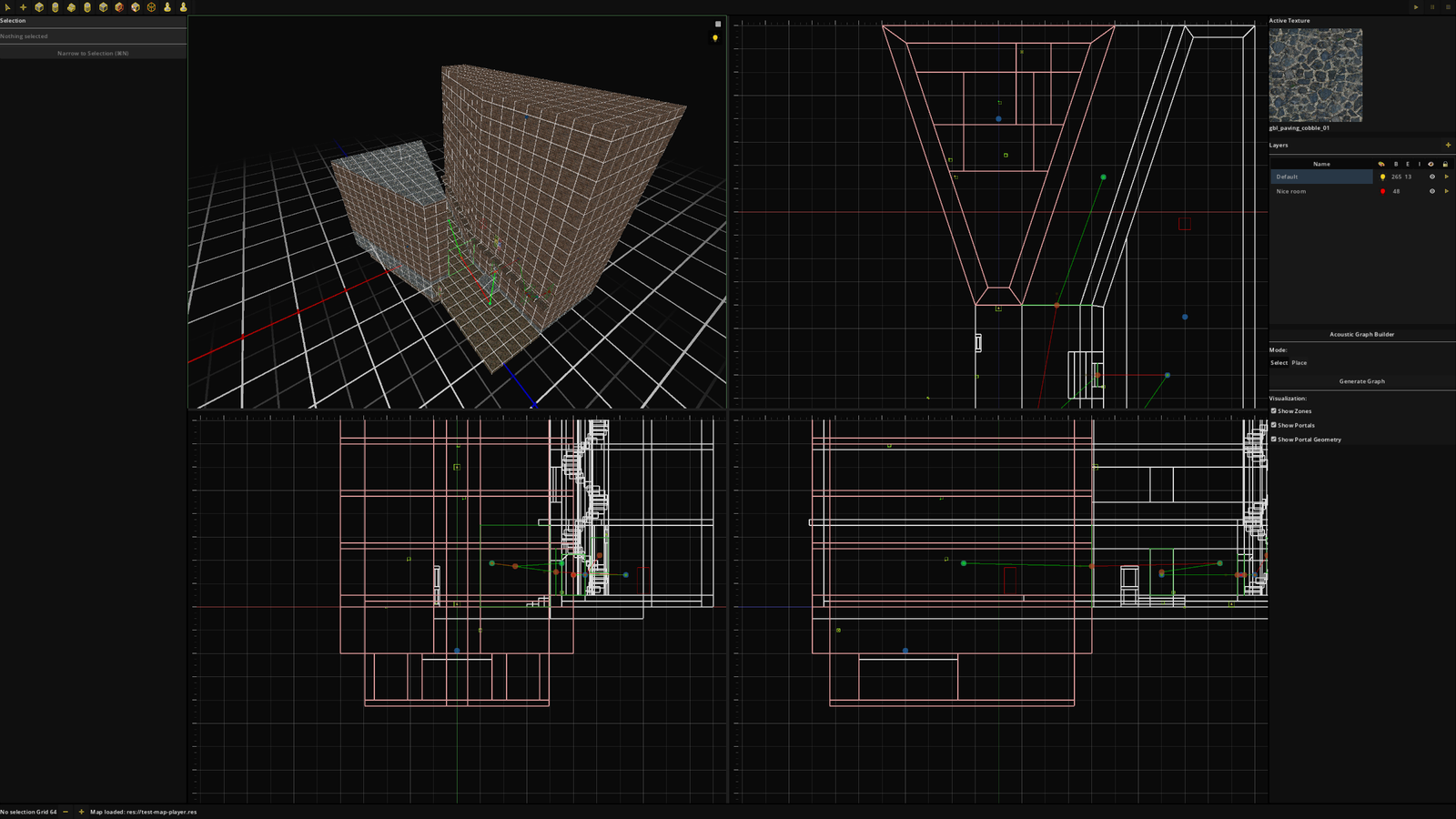 The November 2025 Hammerite editor with the Acoustic Graph Builder open: a 3D view of the level as a closed shell of blocks, and three plan views with hand-placed zone markers and the graph between them