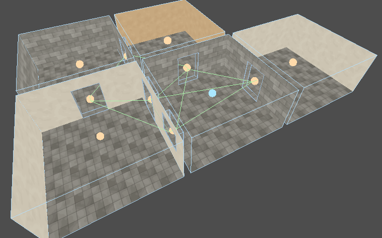 The acoustic tool over five rooms and a courtyard: a marker in each room, the doors and windows outlined, and green lines for the routes sound takes between them