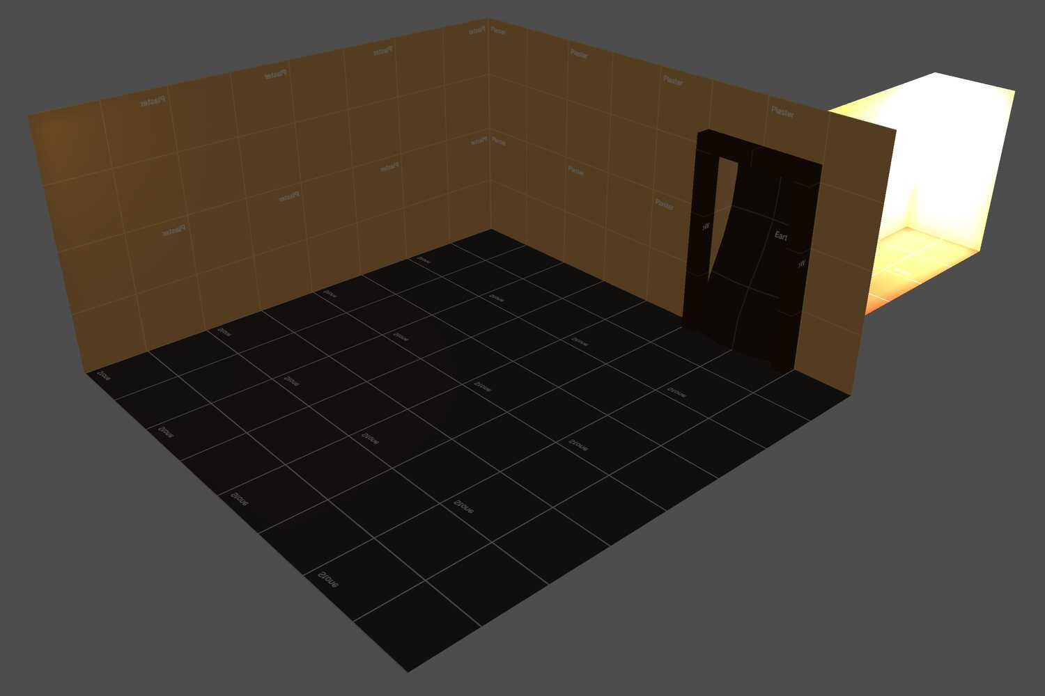 The same room with the doorway caved in, the lamp's light no longer reaching the room
