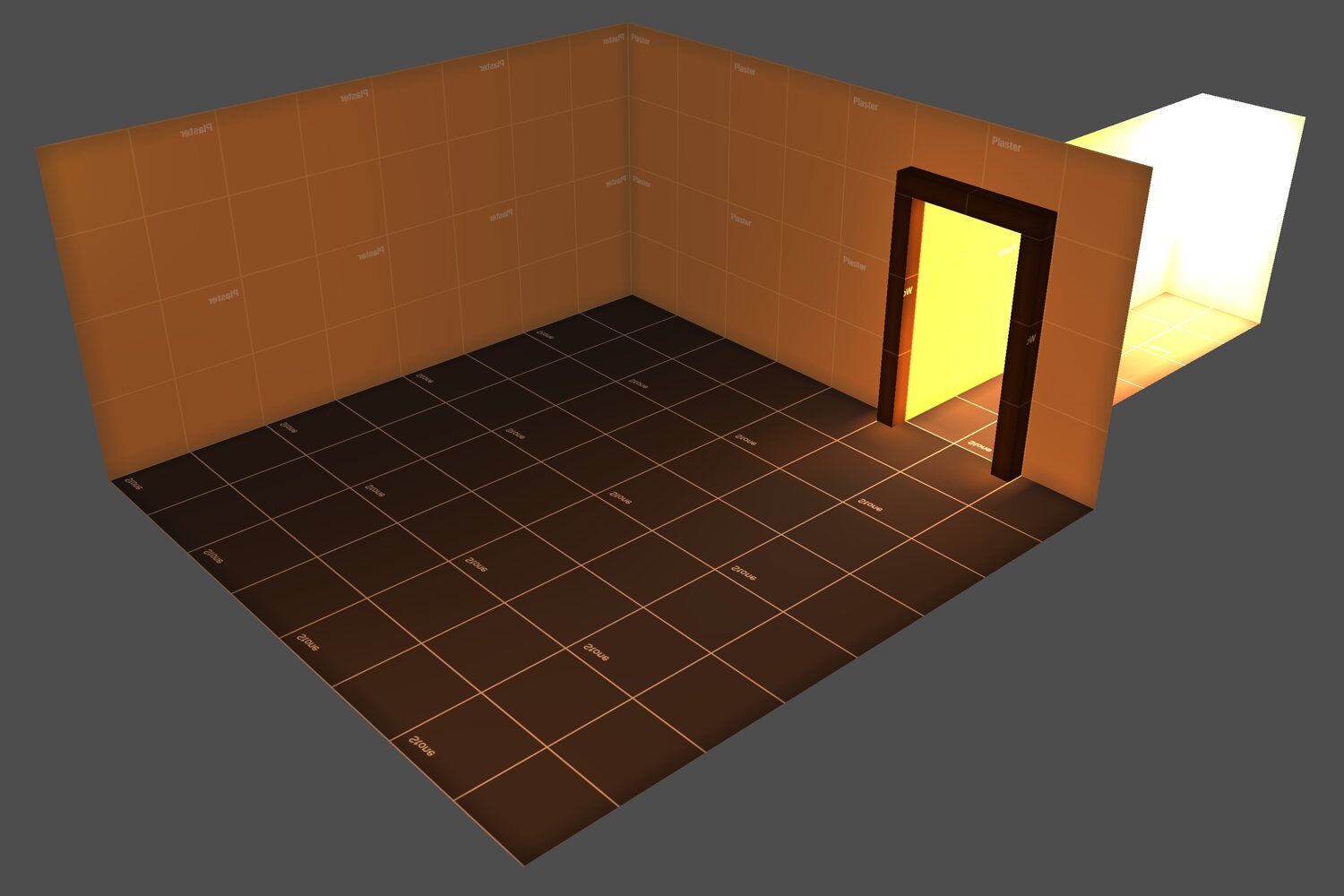 A room lit warm by a lamp in the next room, its light coming in through a doorway