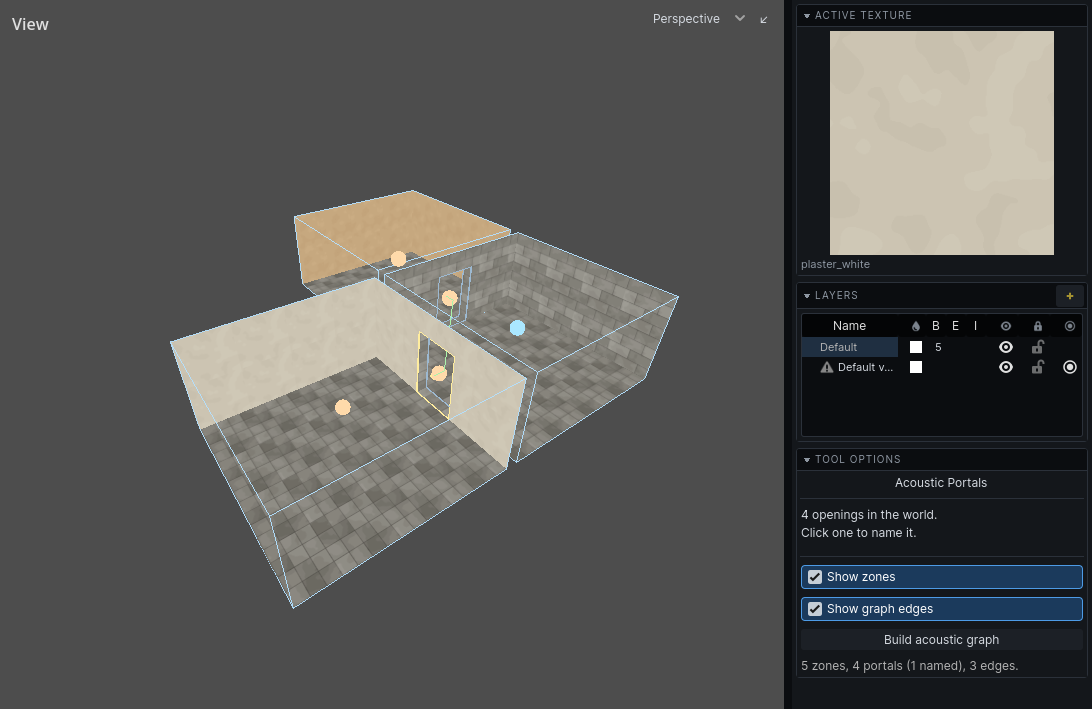 Audio Portals tool over three rooms: zone spheres, openings, and green edges between them