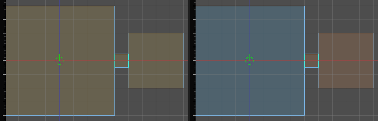 The same small map under the two overlays: a room with a window reads exterior for lighting and interior for acoustics