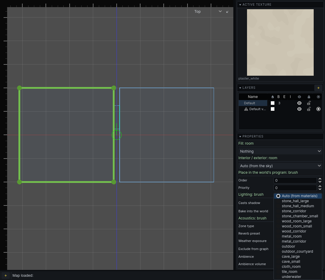 Audio section of the inspector for a selected air brush, Reverb preset dropdown open