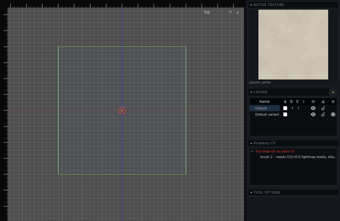 A face too large for an atlas, marked with a cross in the 2D view and listed in the Problems panel