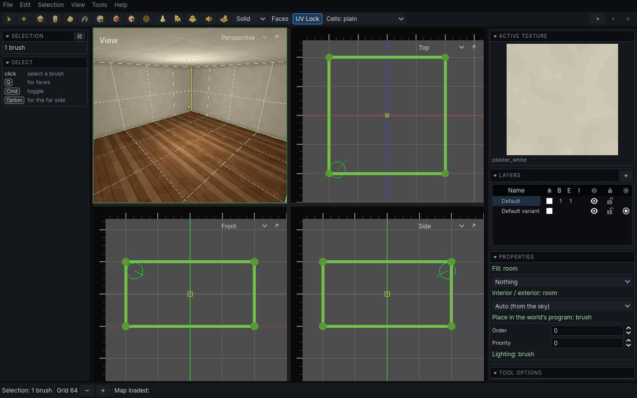 The editor with one carved room: toolbar, four views, side panels and status bar