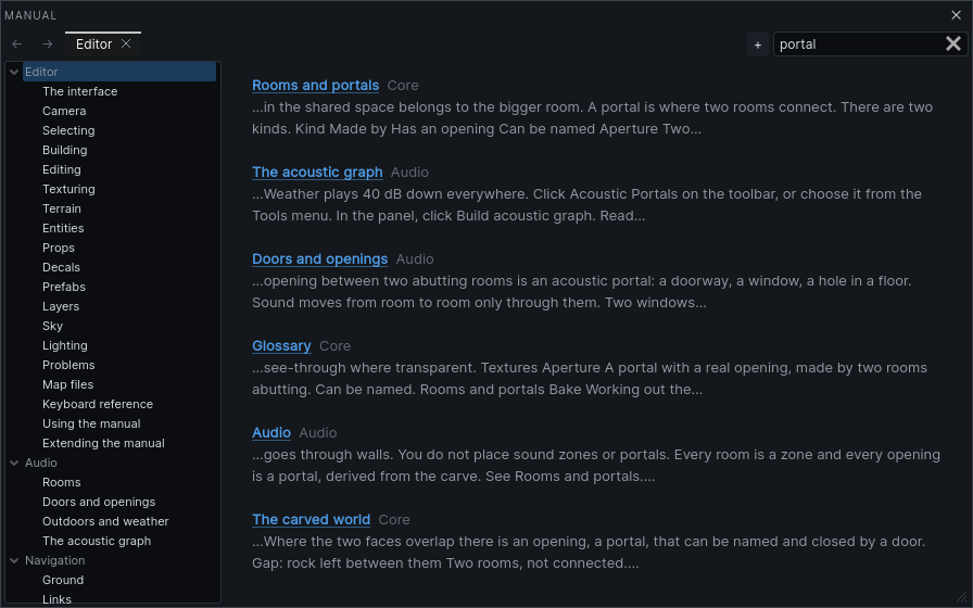 Searching for "portal": results with the matching text under each title
