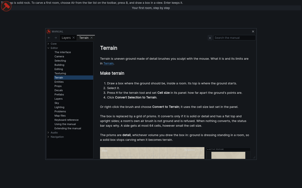 The manual window: the index on the left, two tabs open, the Terrain page showing