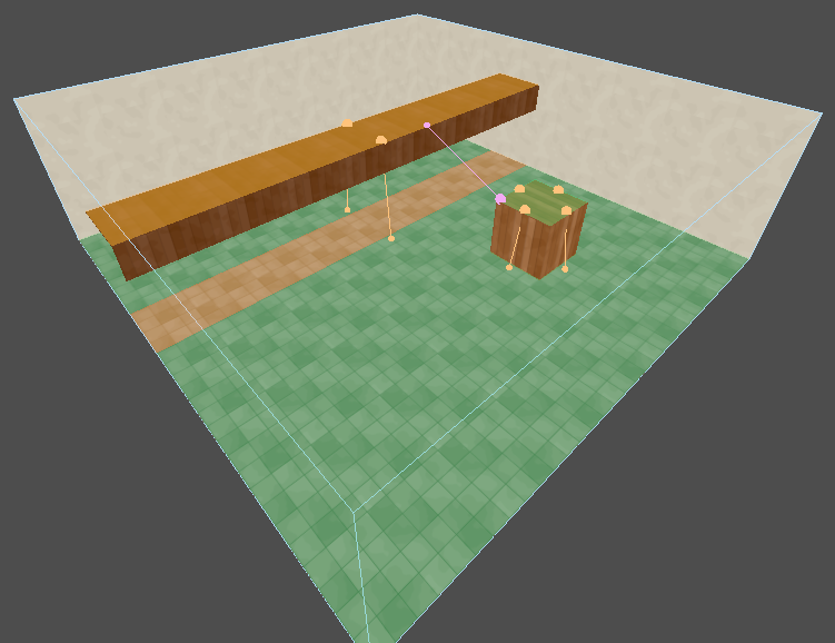 A hall's floor in the Navigation tool: open ground green, the strip under a low beam amber, a crate's footprint cut out and its top green